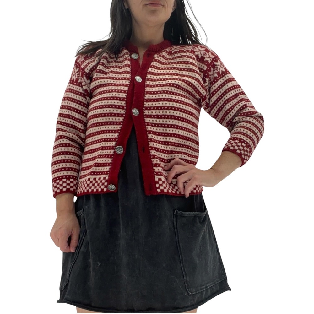 Dale of Norway Red White Wool Fair Isle Cardigan Sweater Nordic Silver Buttons 8